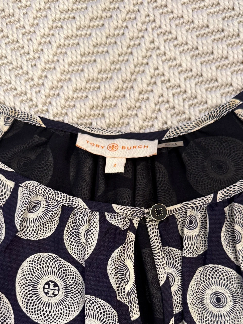 Tory Burch Navy Top with White Circular Medallion Print